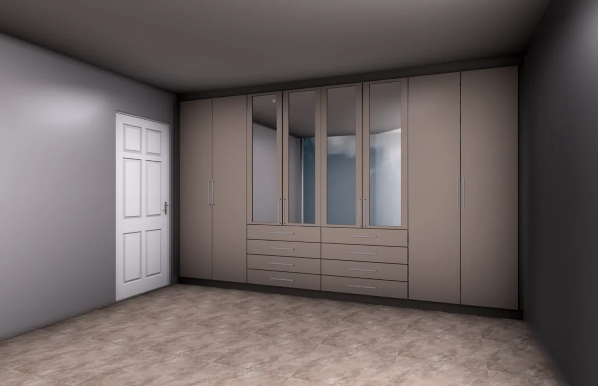 FKC 3D render of a built-in cupboard wall with frosted glass door panels.
