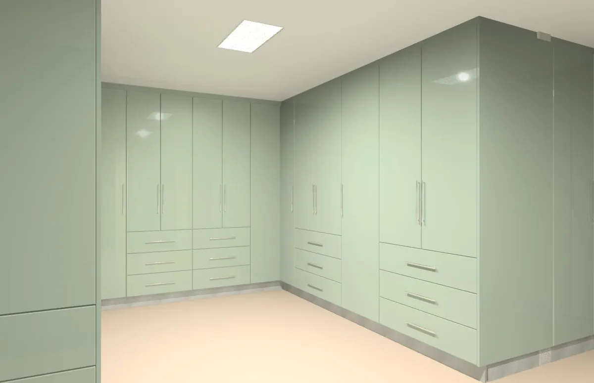 FKC 3D render of a cupboard run finished in soft mint green with drawers below.